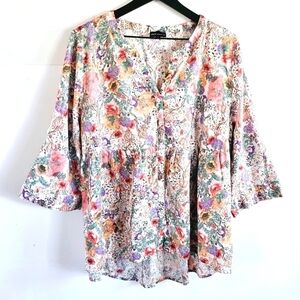 JNY Linen Blend Floral Peplum 3/4 Sleeves Button Down Women's Blouse Size 2X